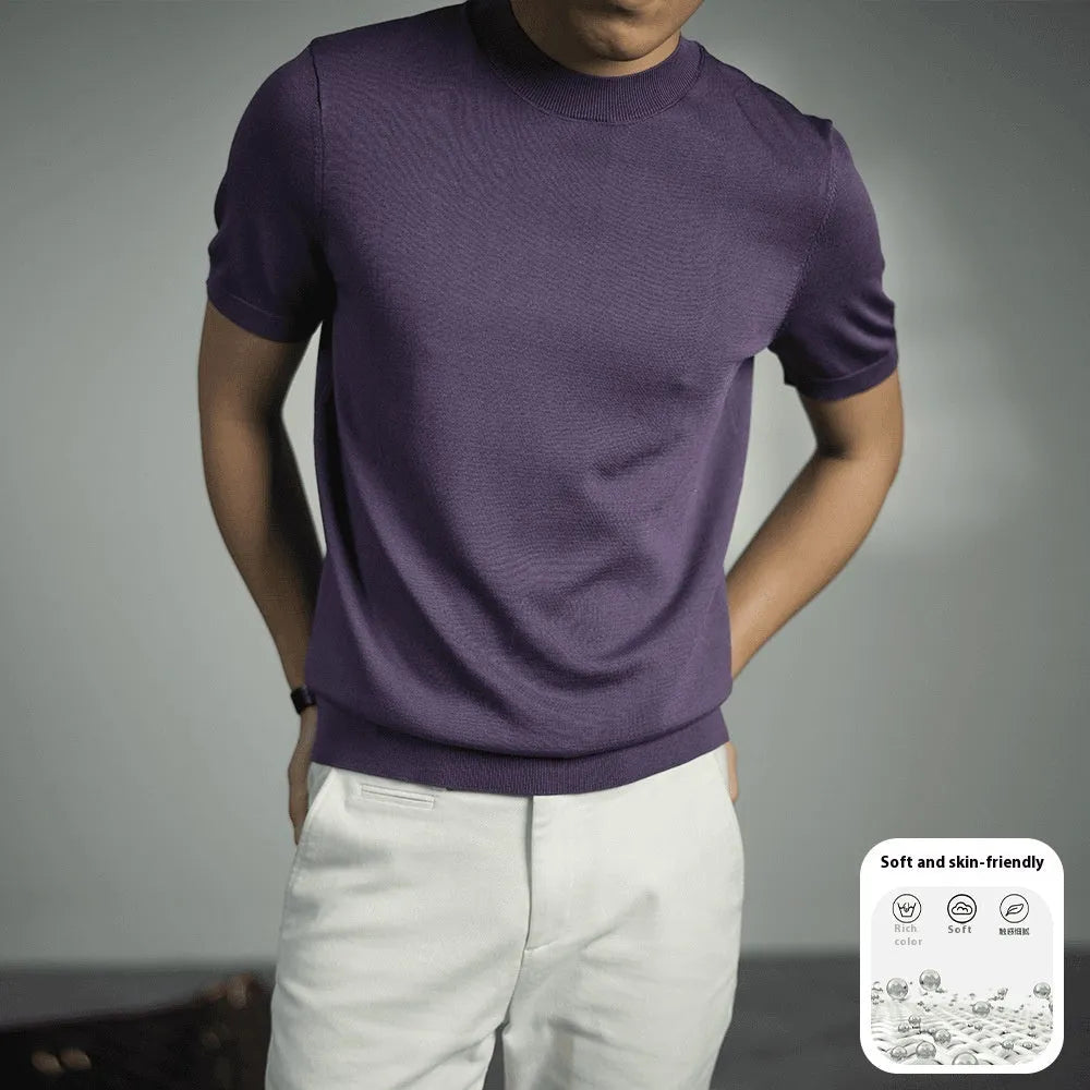 Men's knitted round neck T-shirt in a solid colour, showing short sleeves and non-iron finish.