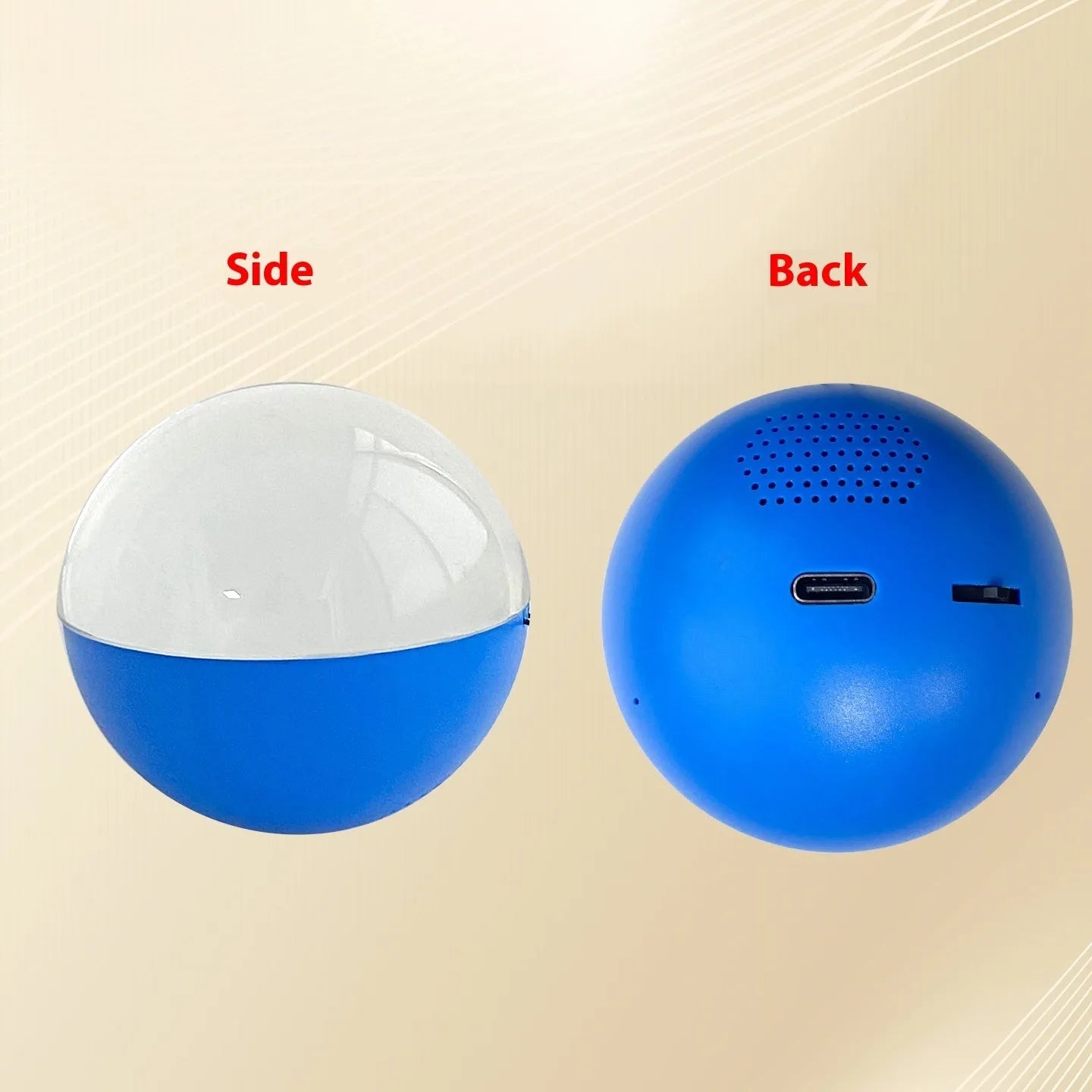 Electronic ball video player with round screen in multiple colour options showing Type-C charging port