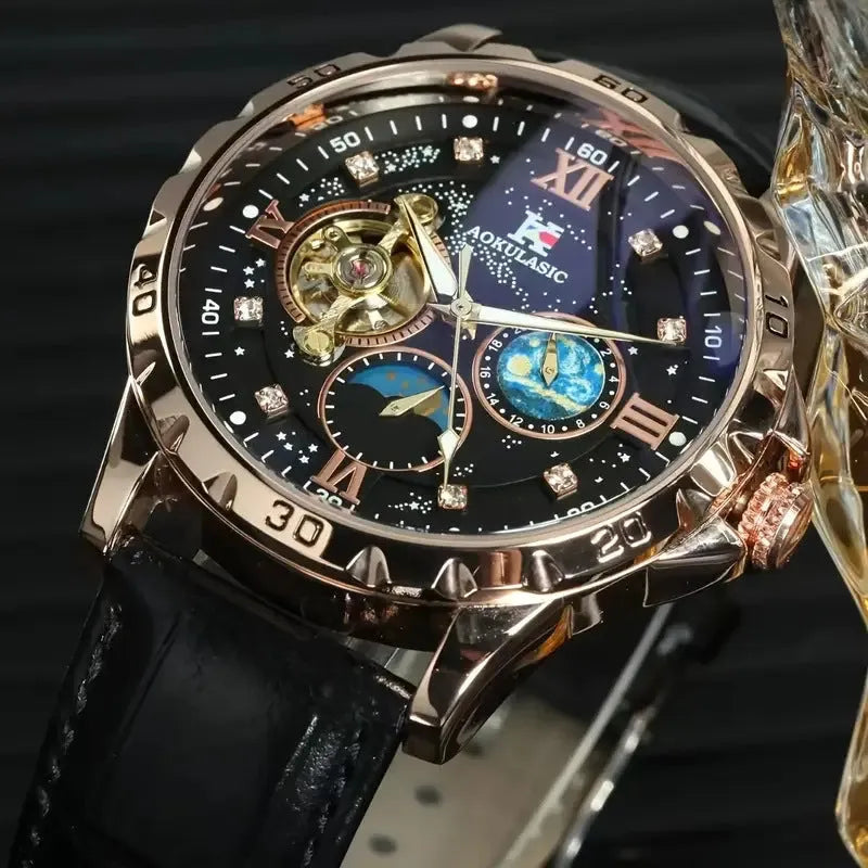 Large dial hollow automatic mechanical watch with rose gold shell black surface and genuine leather strap