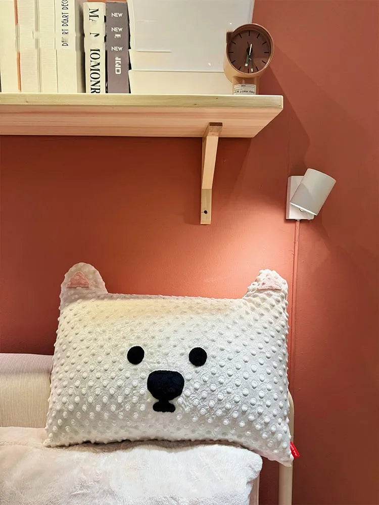 Grey schnauzer design decorative pillow on a sofa, showing 50x35x18cm size and soft fabric texture.