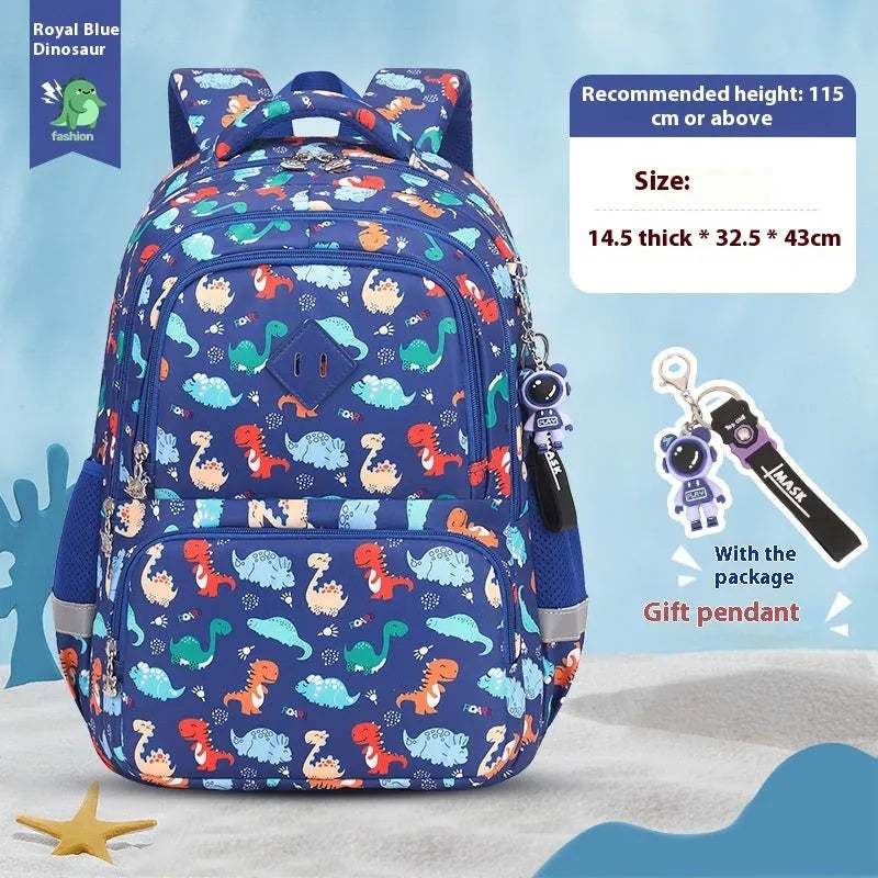 Blue dinosaur print waterproof Oxford cloth children's school backpack with curved shoulder straps.