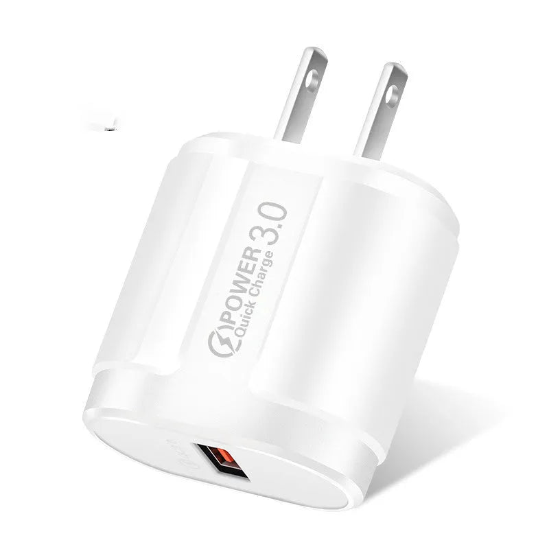 White and black mobile phone smart charger showing compact size with international plug adapter options
