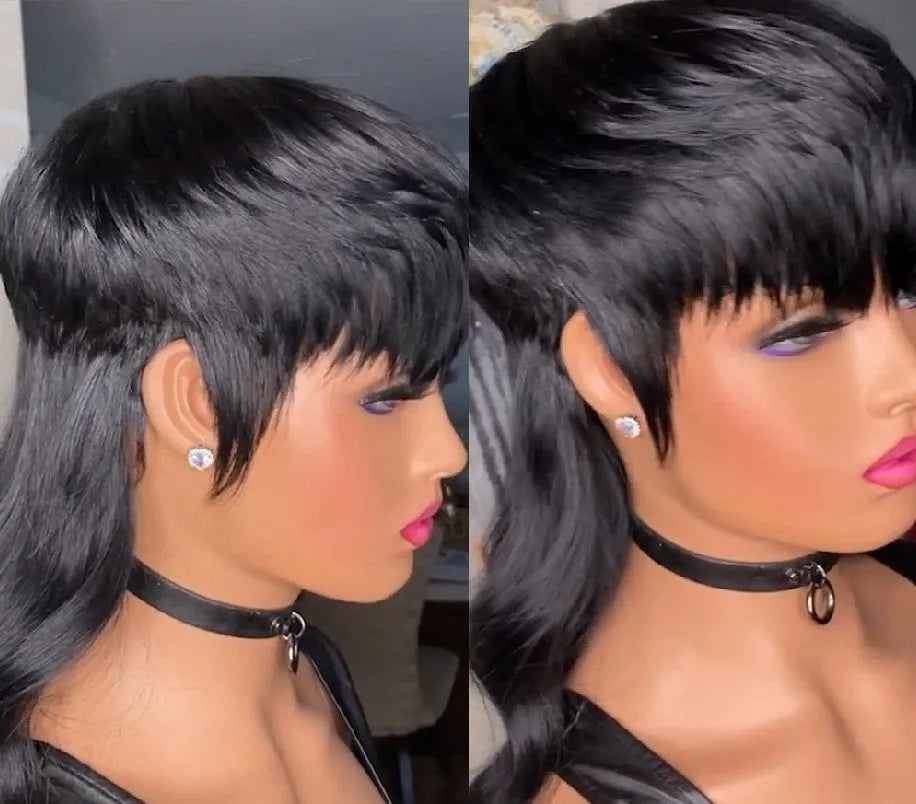 Black Brazilian wig with short front and long back hair, made from synthetic high-temperature fibre.