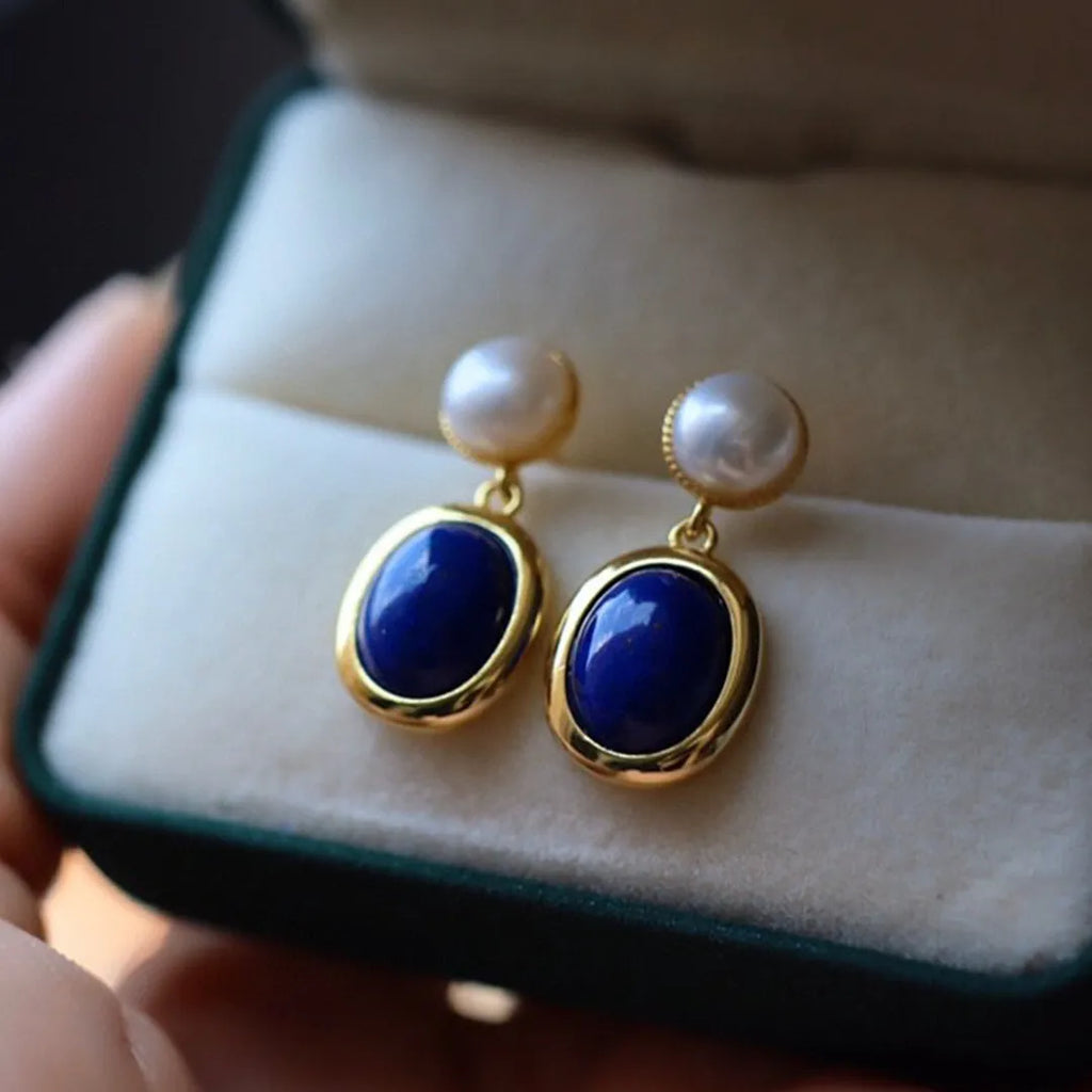 Lapis lazuli pearl earrings in sterling silver with simple style and auspicious patterns.