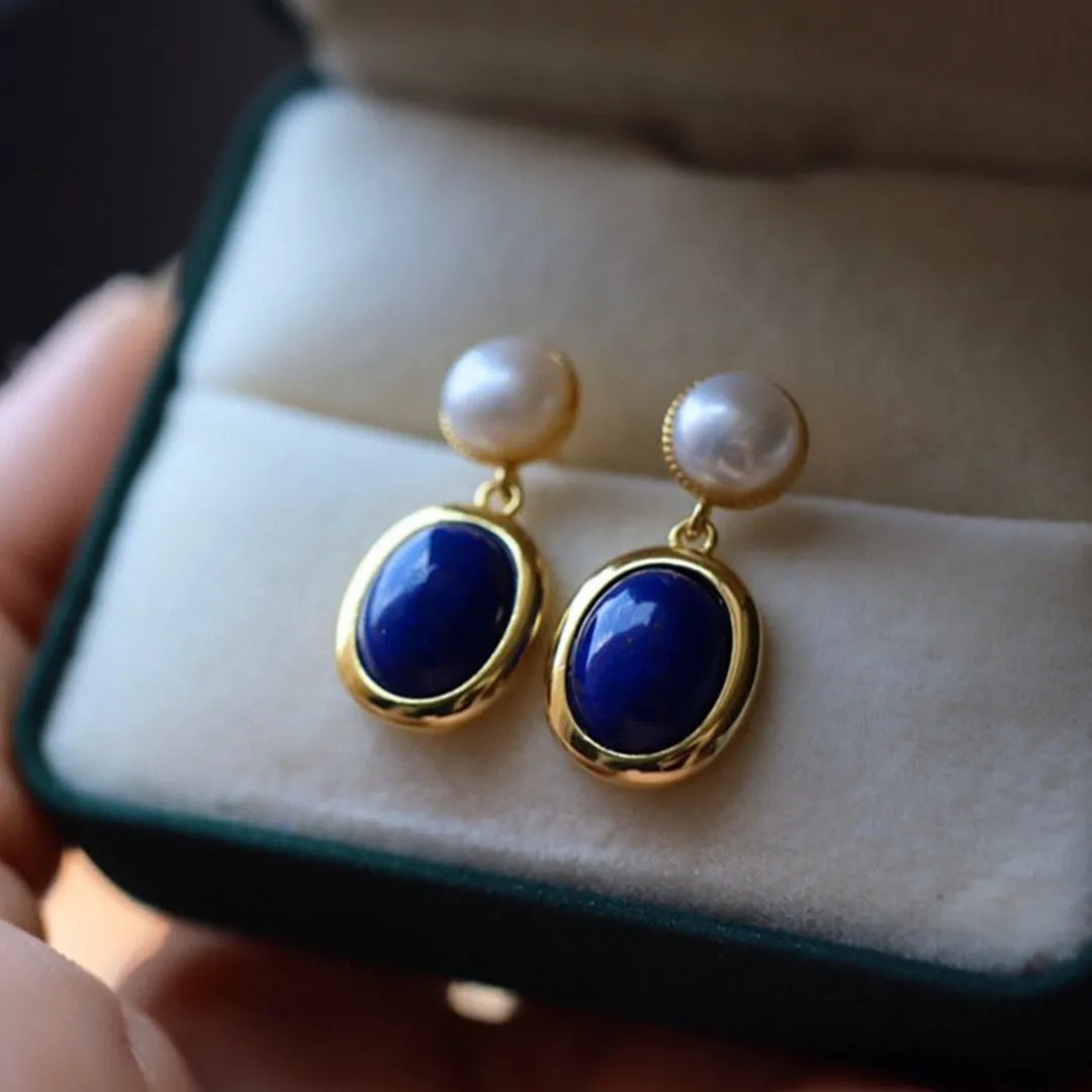 Lapis lazuli pearl earrings in sterling silver with simple style and auspicious patterns.