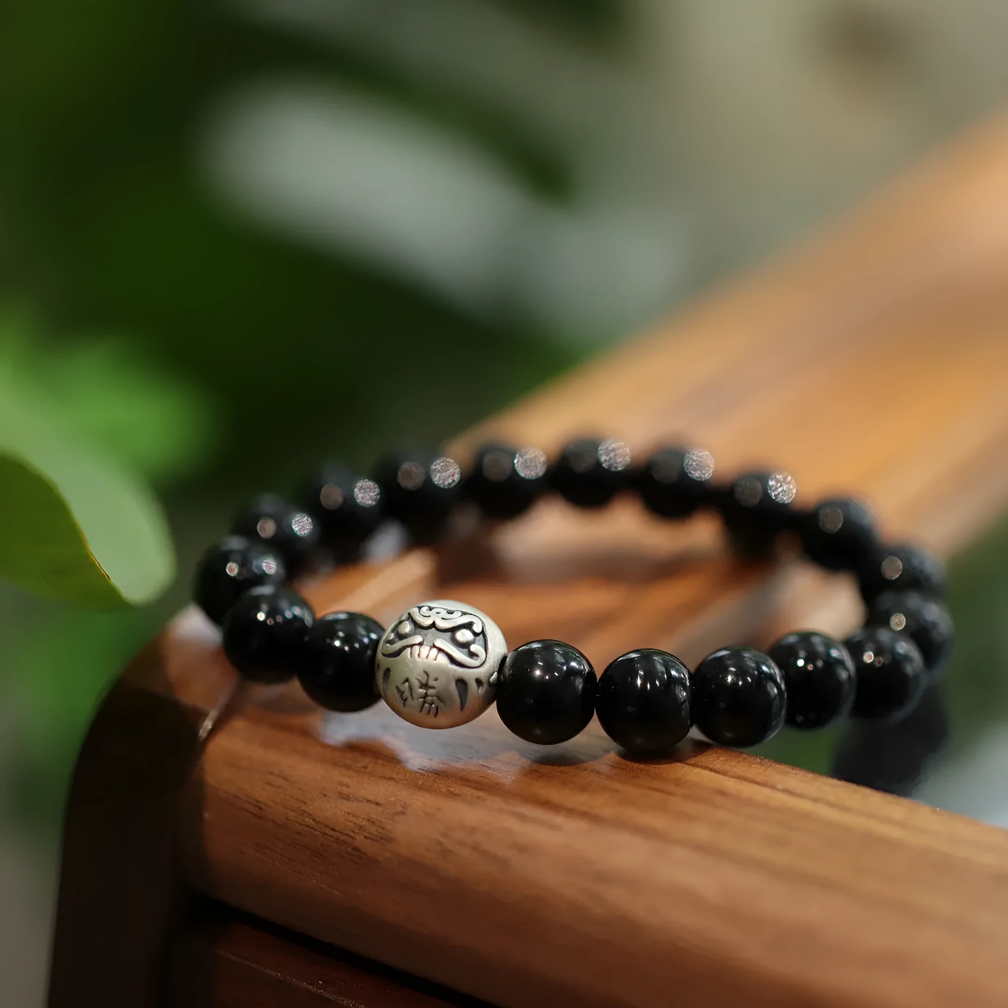 10mm black agate beads and sterling silver Chinese style bracelet with manual craftsmanship