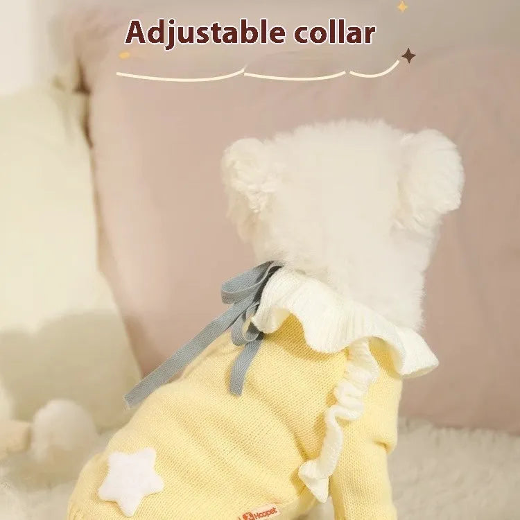 Yellow acrylic dog sweater shown on small breed pet with chest measurement guide