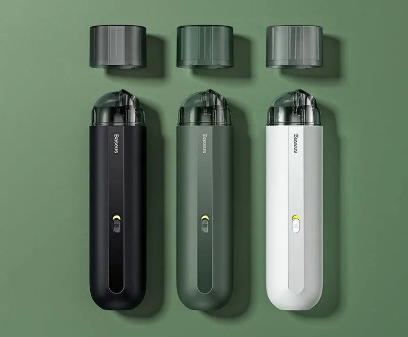 Baseus wireless handheld car vacuum cleaner in black, white, or green with blowing hose attachment