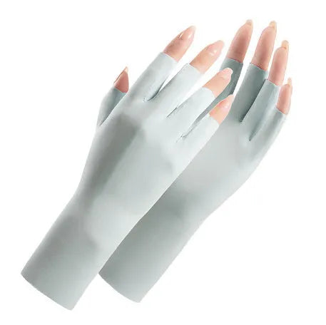 Women's thin ice silk sun gloves in various colours showing UPF50+ protection for driving and cycling.