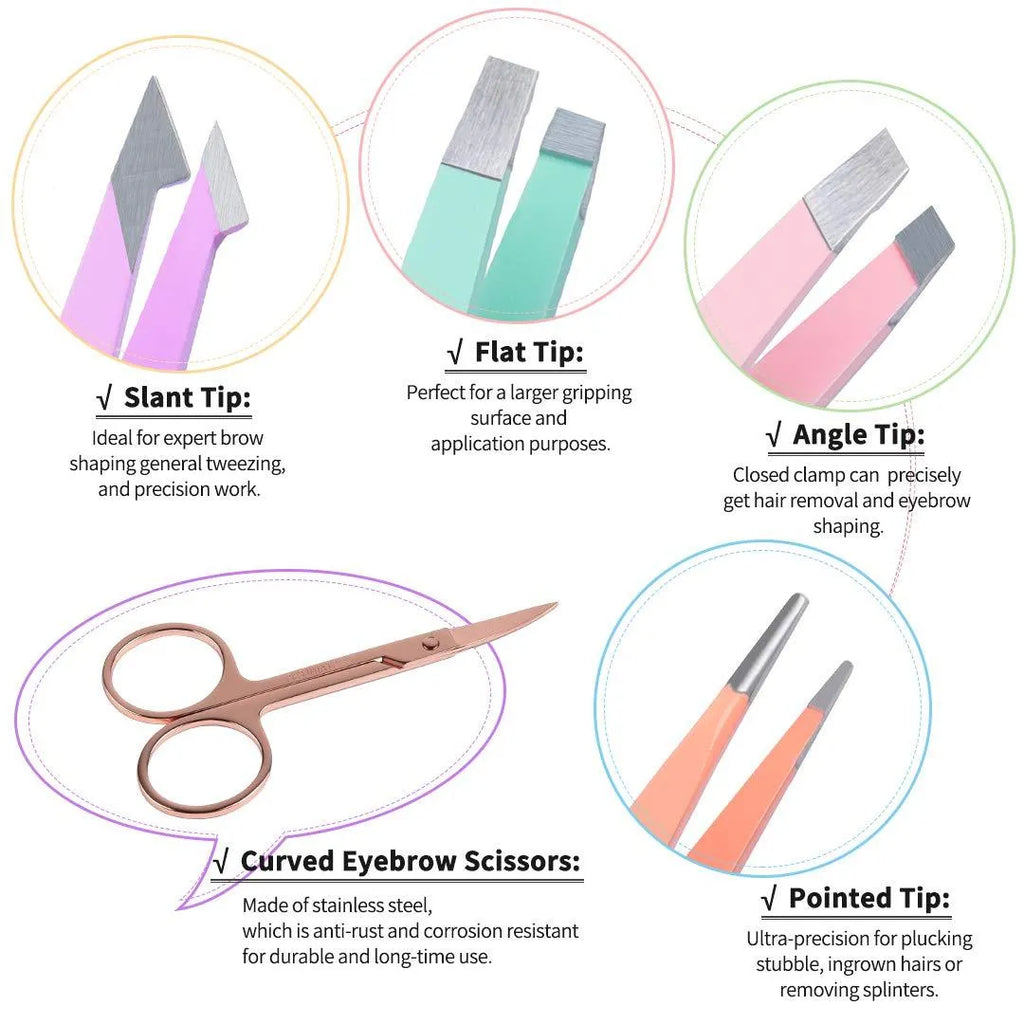 Six-piece stainless steel eyebrow tweezers set with scissors, brush, and leather case