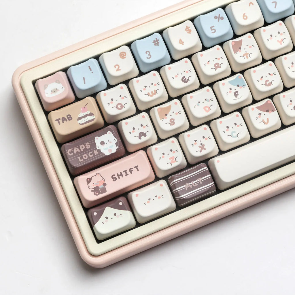 Sea Salt Cat themed PBT key cap set with March layout and 7u spacebar supplement for mechanical keyboards