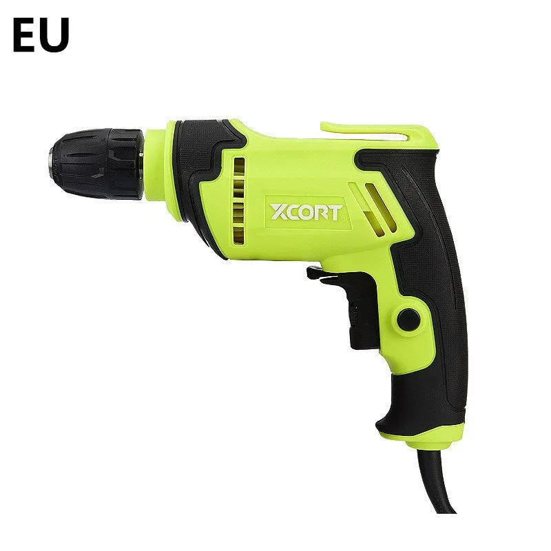 Black pistol grip electric drill with a 10mm chuck on a workbench