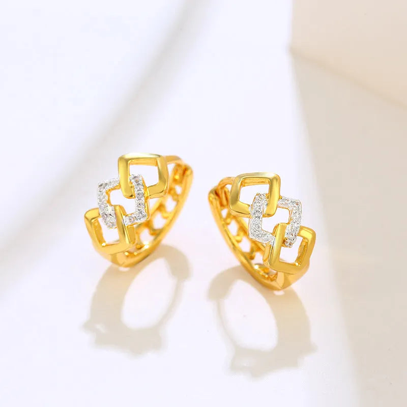 Gold geometric hollow-out clip-on earrings with colour separation electroplated finish