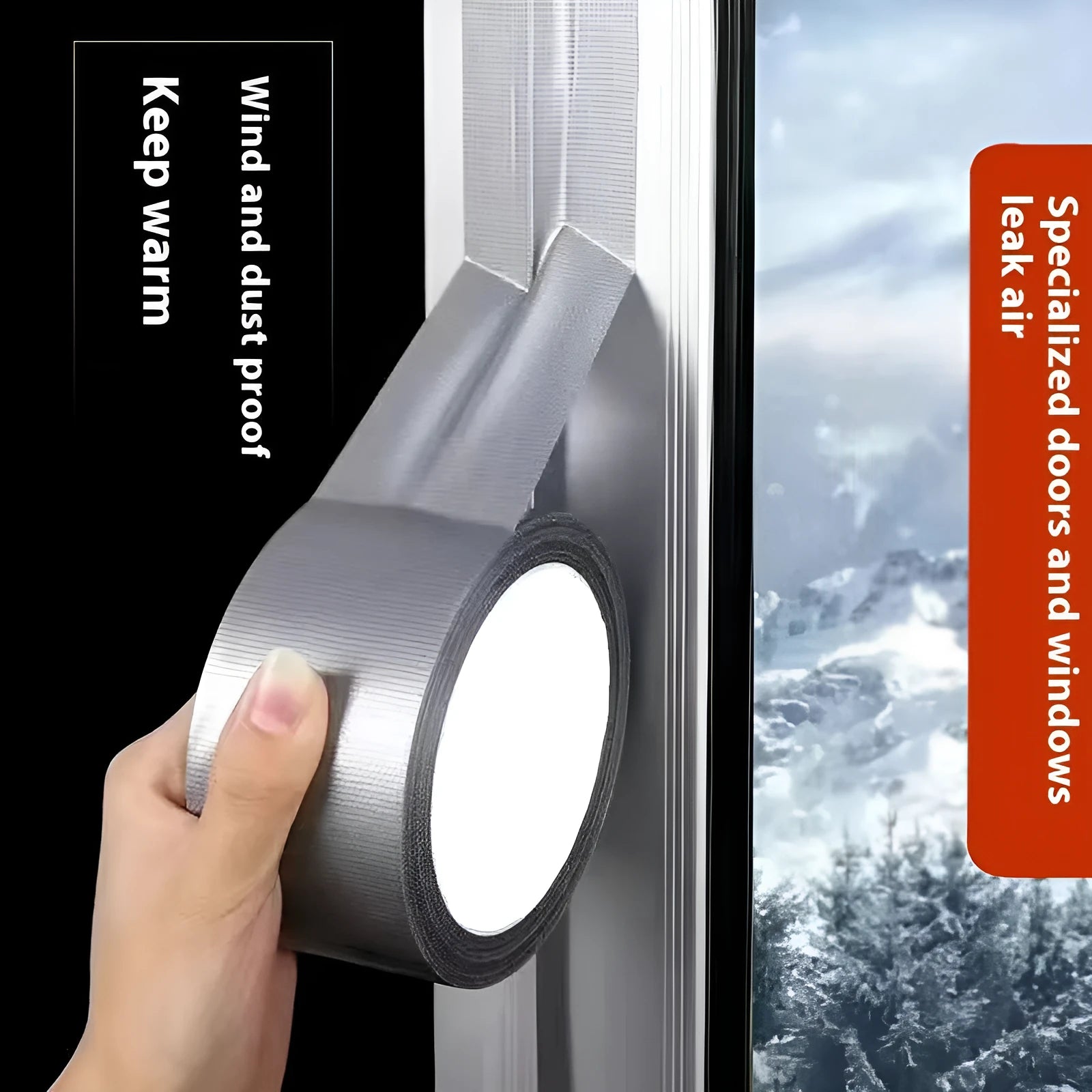 Roll of high-adhesive thickened windproof sealing tape in transparent, silver grey or white on a window frame.