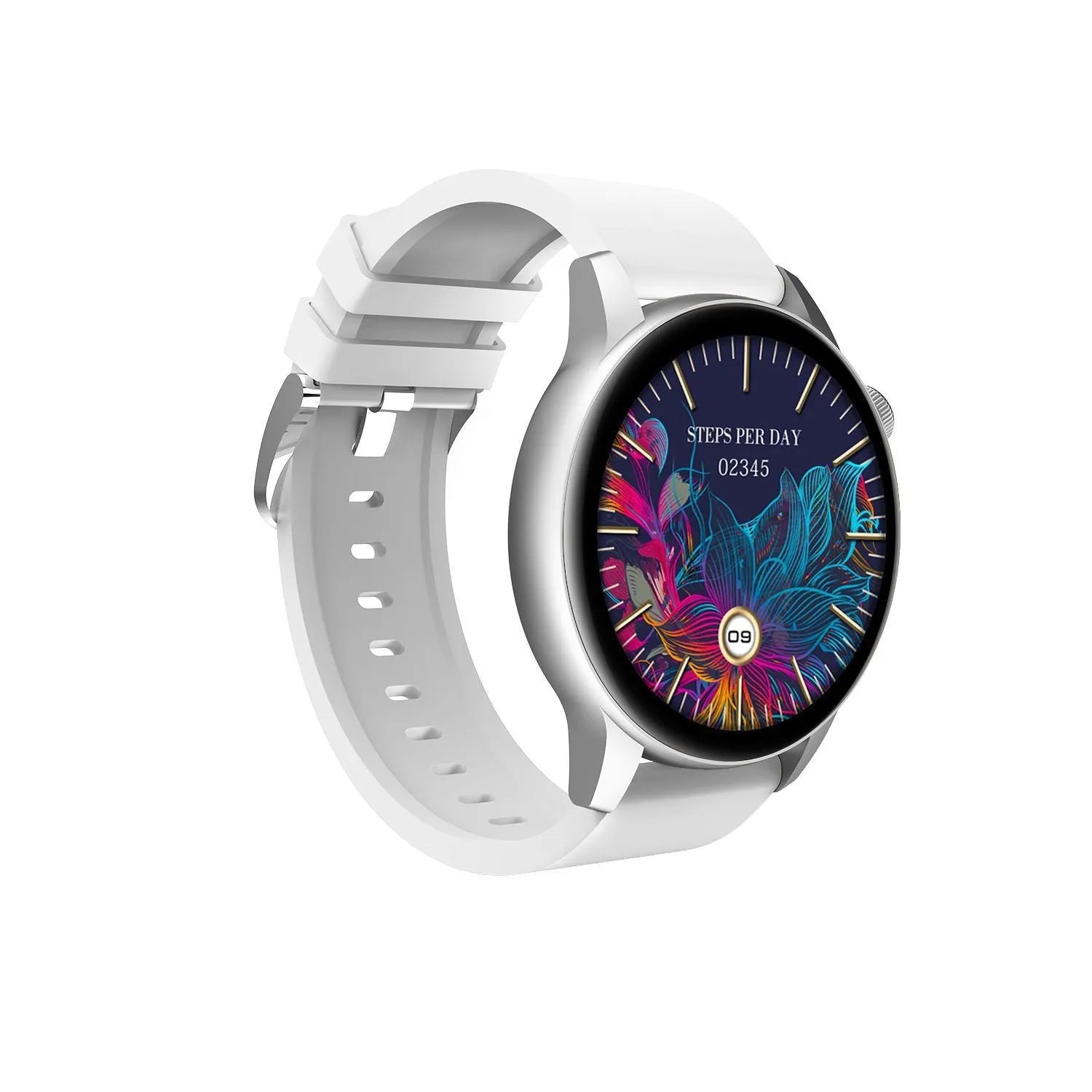 Stainless steel smart watch with colour touch screen on a wrist, showing a watch face.