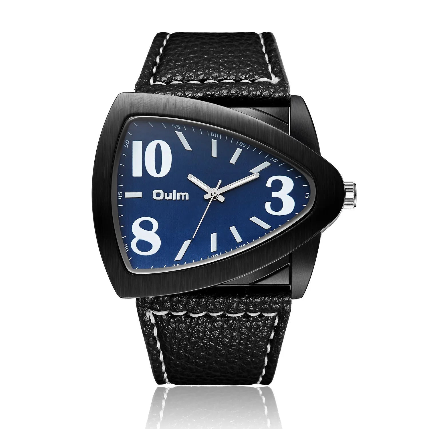 Men's triangular quartz watch with leather-style strap in brown colour showing 9mm case thickness