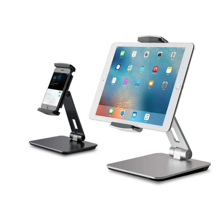 Folding aluminium desktop phone tablet holder with 360-degree rotation in silver colour