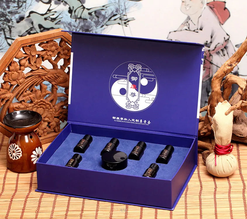Hot compress set with six bottles of herbal oil and one bottle of ginger moxibustion film in assorted colours
