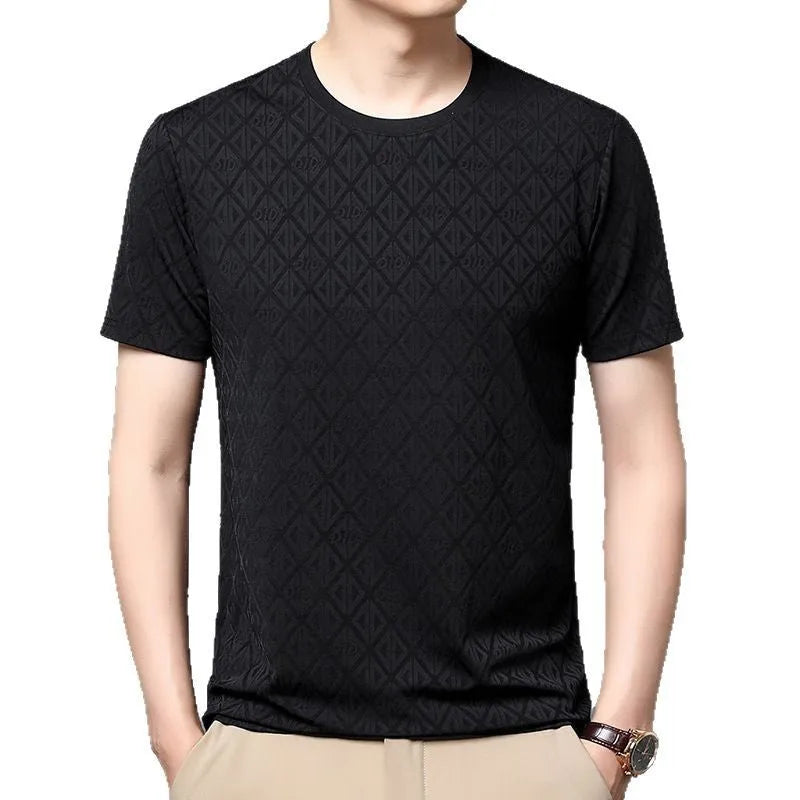 Men's black loose fit short sleeve t-shirt with jacquard pattern detailing