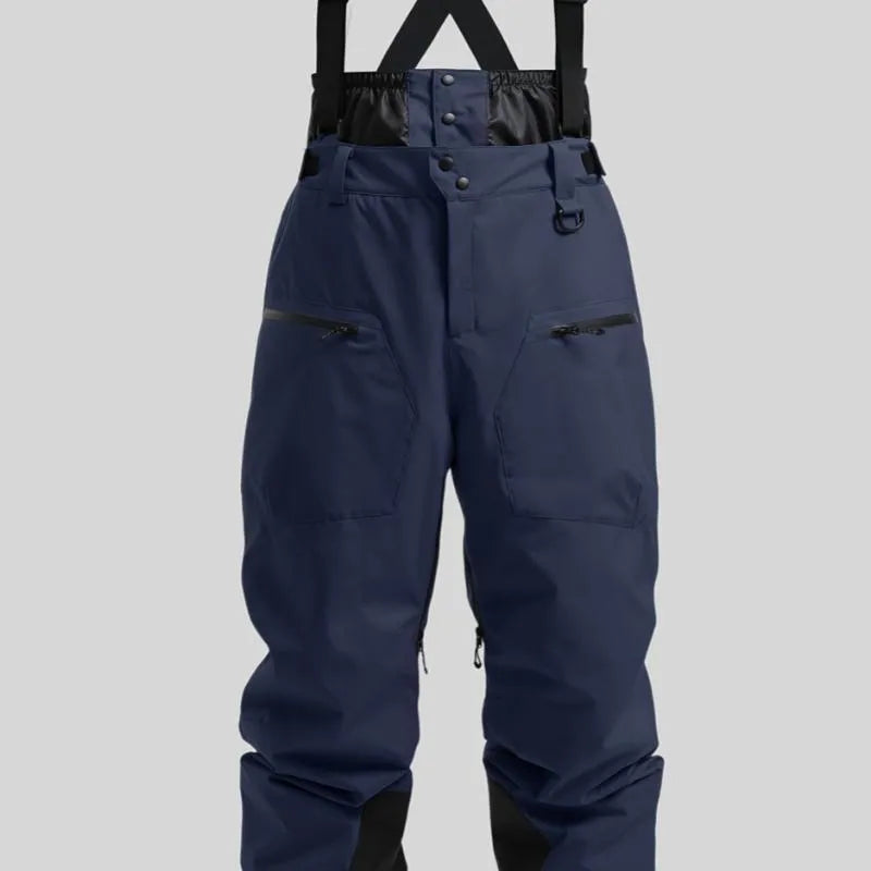 Men's black waterproof ski trousers with adjustable waist strap laid flat