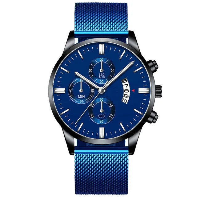 Men's stainless steel quartz watch with mesh band and two-tone case on wrist