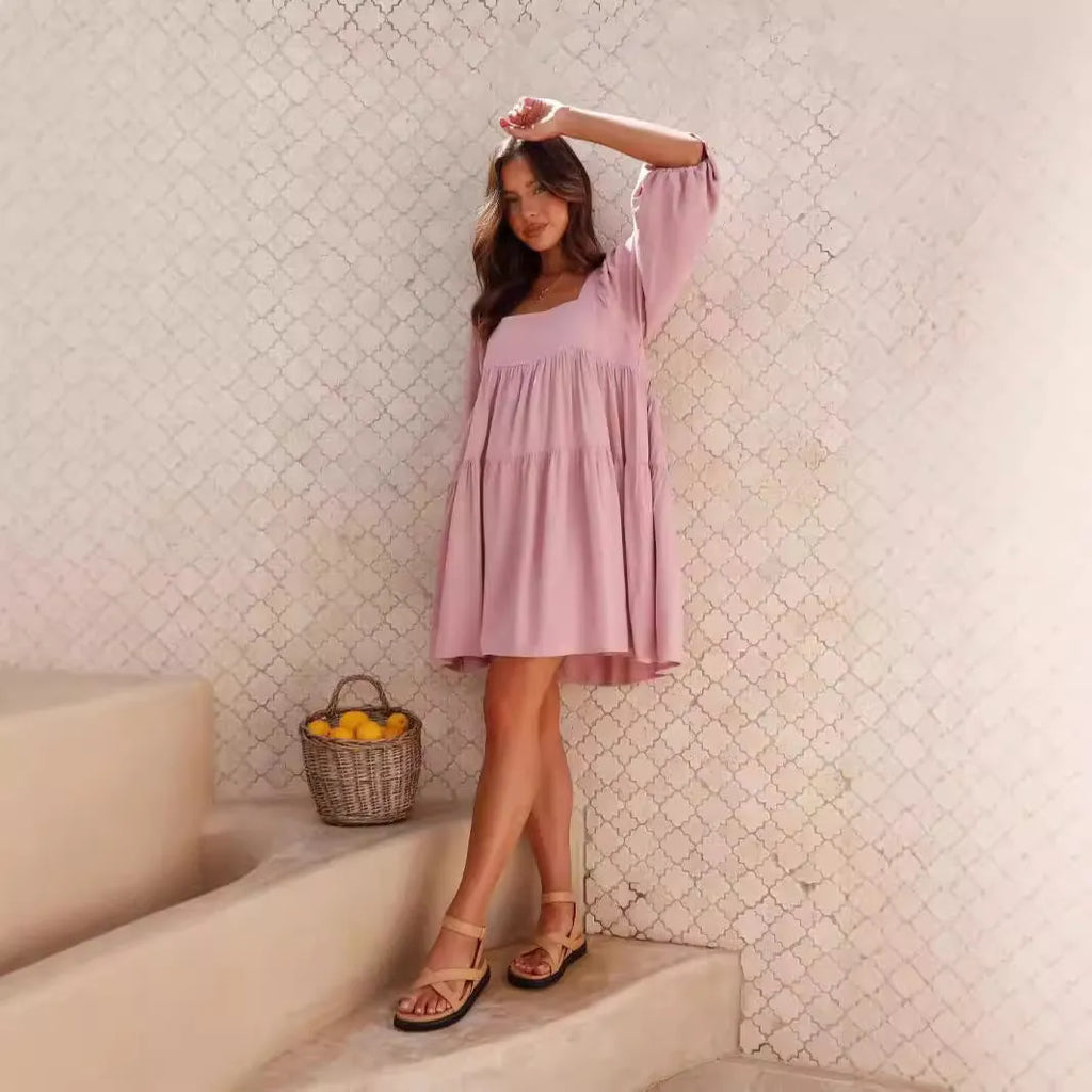 Children's backless dress with square collar and puff sleeves in solid colour A-line silhouette