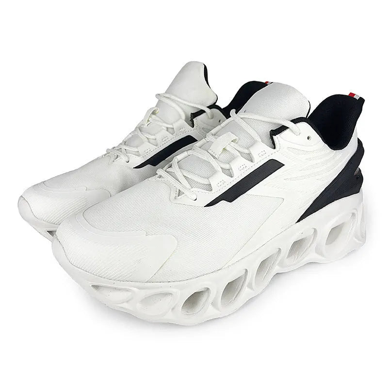 Men's black mesh casual sports shoes with white EVA sole and lace-up front on a white background.