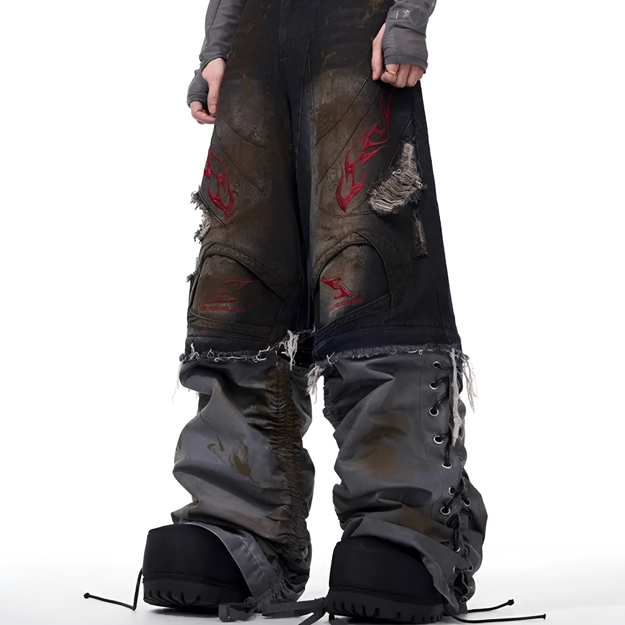 Men's retro denim jeans with detachable trouser legs showing wide-leg cut and mid-high waist