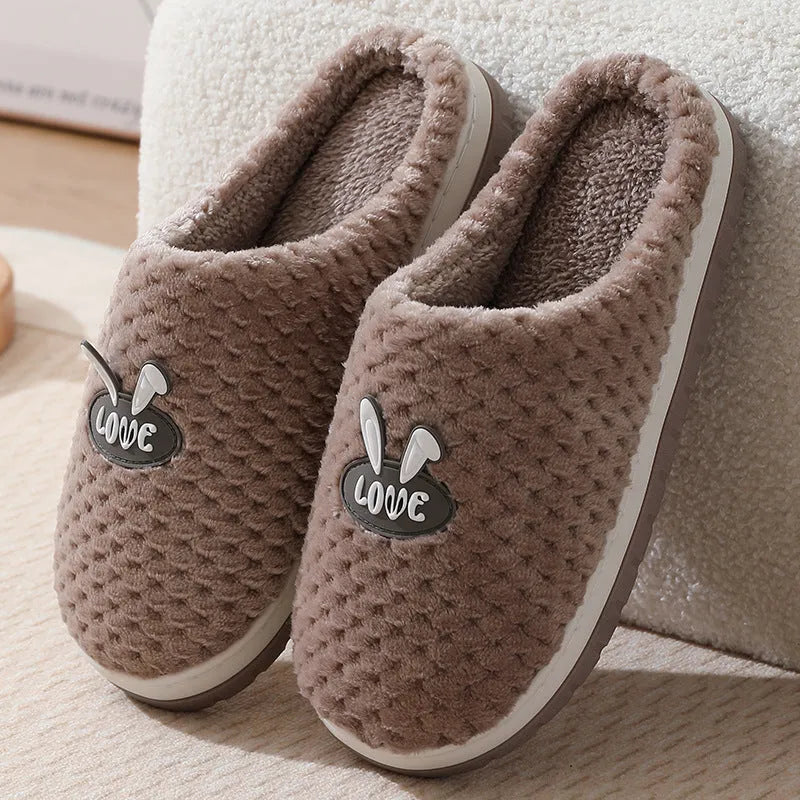 Women's plaid rabbit design artificial fur house slippers with thick rubber soles