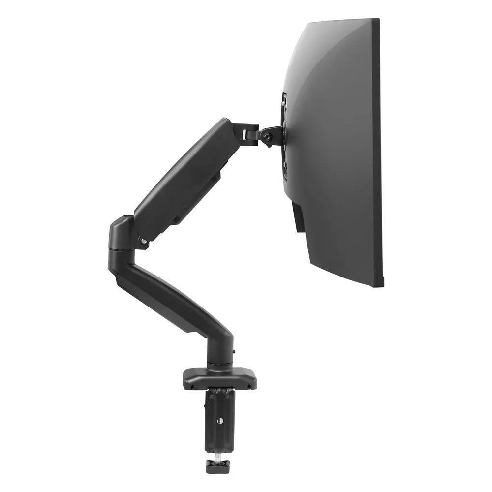 Black rotating telescopic LCD screen bracket on table with adjustable tilt and height