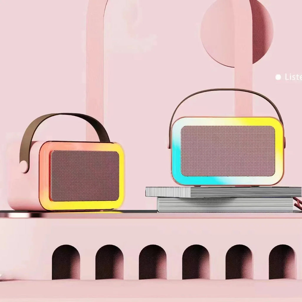 Portable Bluetooth karaoke speaker in white, pink or sky blue with microphone