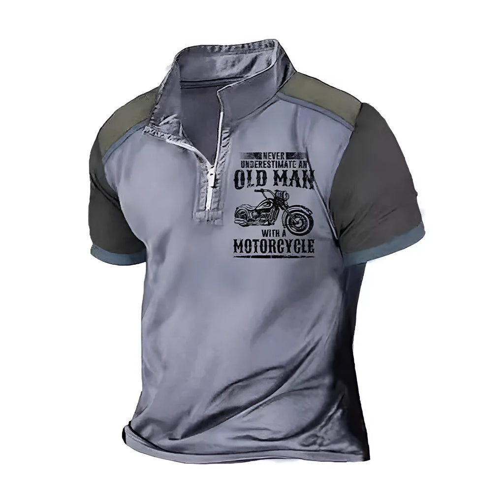 Men's casual polo shirt with a lapel collar and digital printed design on the front.