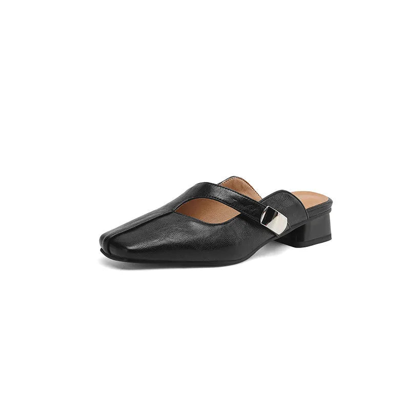 Square-toe casual slipper with low heel in beige, showing artificial PU upper and rubber sole.