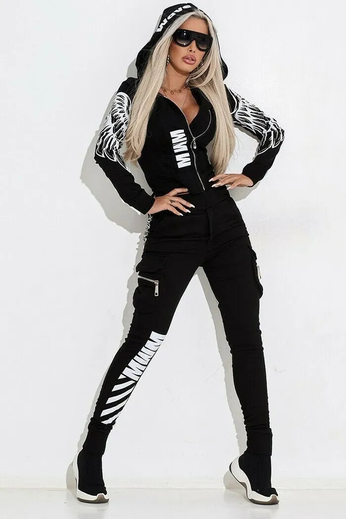 Women's black polyester casual suit with wings printing pattern, hooded jacket and matching trousers