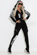 Women's black polyester casual suit with wings printing pattern, hooded jacket and matching trousers