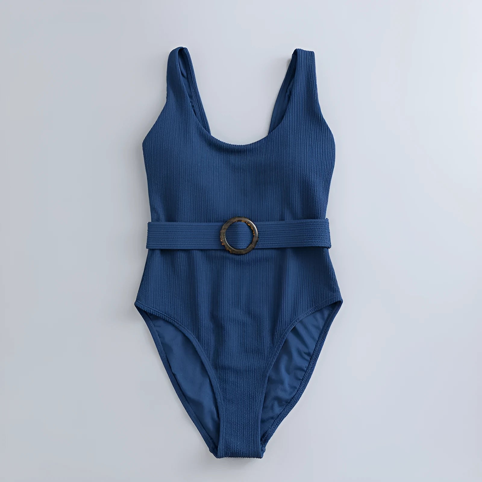 Navy blue women's one-piece swimsuit with slimming triangle silhouette and chest pads for swimming