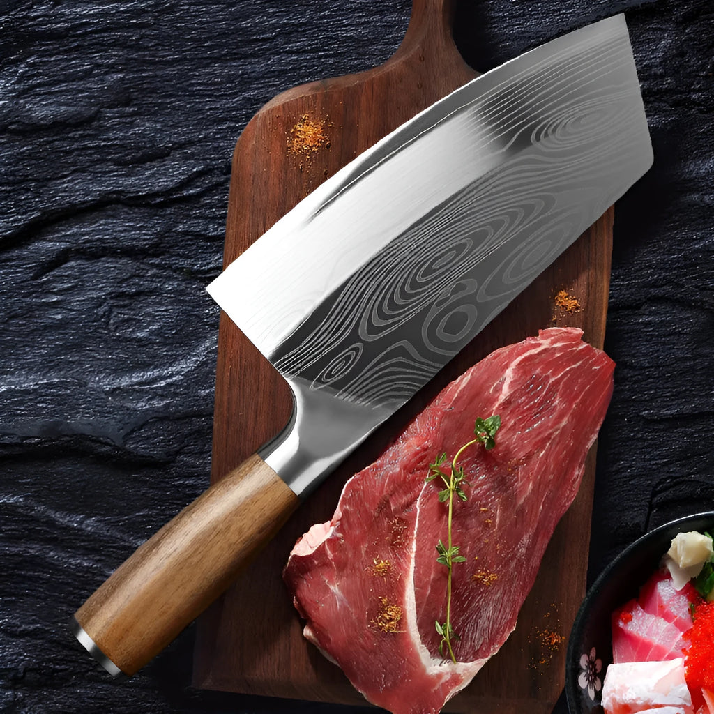 A 320mm stainless steel kitchen knife with a forged blade on a cutting board.