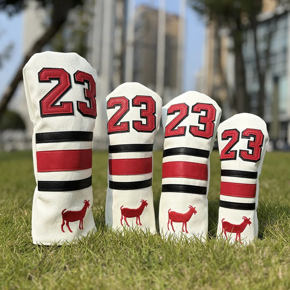 Set of four PU golf club head cover sleeves in assorted colours for fairway woods and putter.