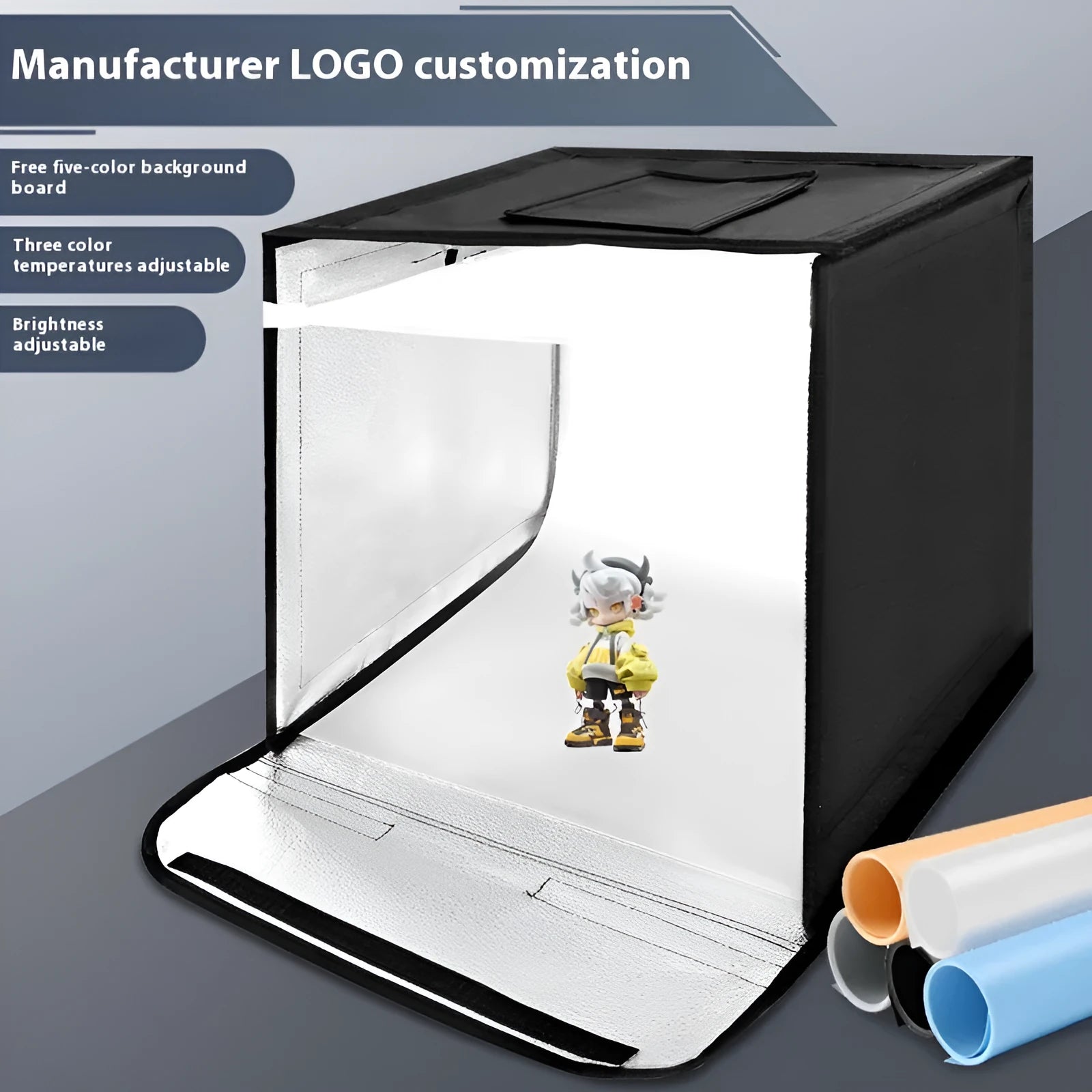 50cm studio light box with metal frame, reflective cloth interior, and USB cable for product photography.