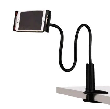 Black bedside oversize flat panel mobile phone holder with adjustable long arm on table