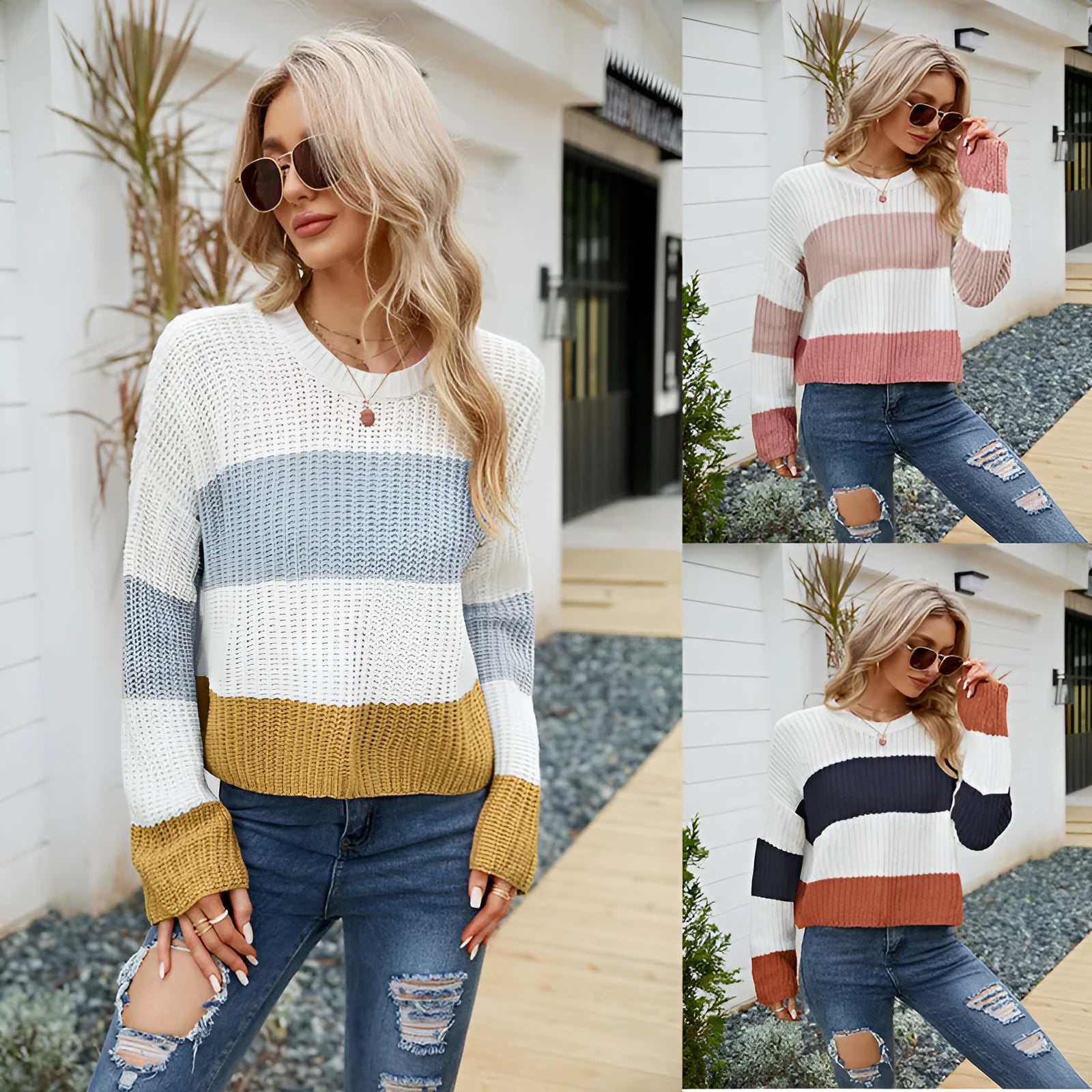 Women's short striped loose pullover sweater in acrylic knit on a hanger.