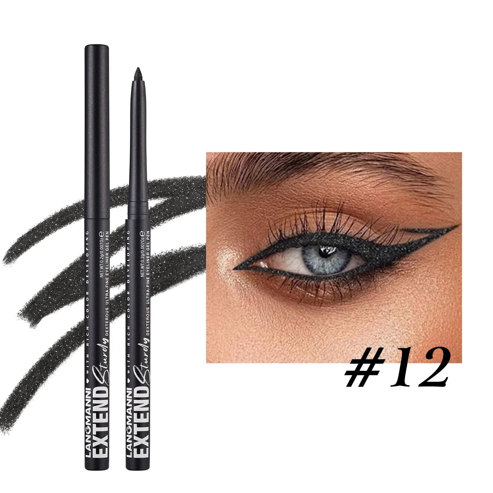 Set of 12 colourful gel glitter eyeliner pencils with matte, glitter, metallic, and pearl finishes