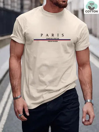 Men's loose fit pure cotton T-shirt featuring a heavy black letter print on a white background.