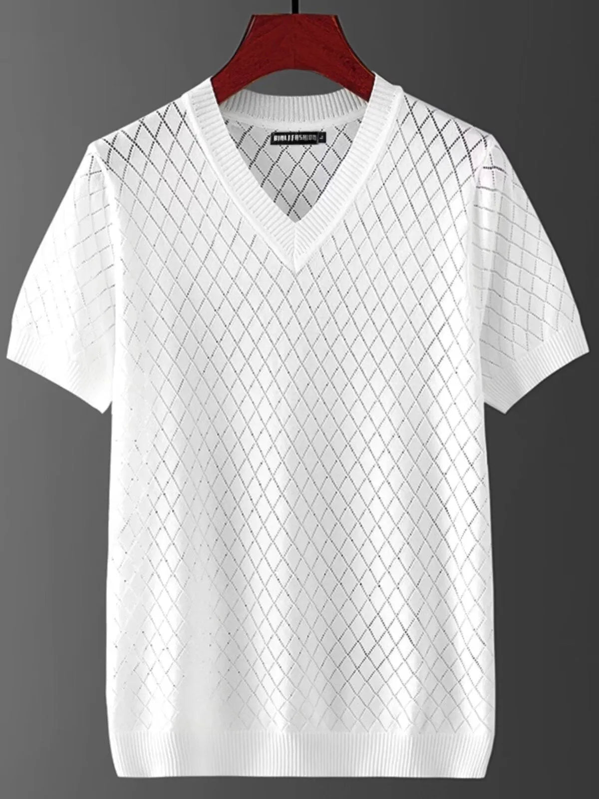 Men's black and white ice silk short sleeve t-shirt showing V-neck and round neck styles on hanger.