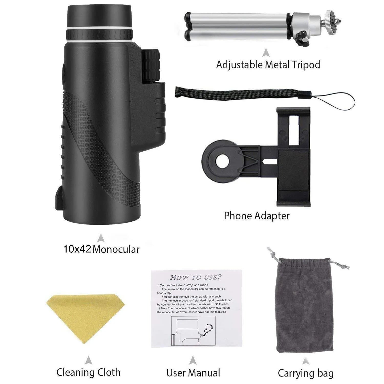 Black HD 40x60 mobile phone monocular telescope with waterproof housing and fully coated lenses