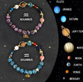 Two natural stone beaded zodiac bracelets laid side by side, showing different stone textures and colours.