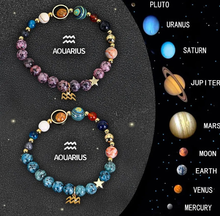 Two natural stone beaded zodiac bracelets laid side by side, showing different stone textures and colours.