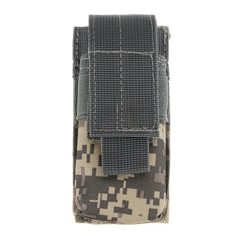 Military tactical waist bag with MOLLE webbing and elastic cord closure in 600D nylon.
