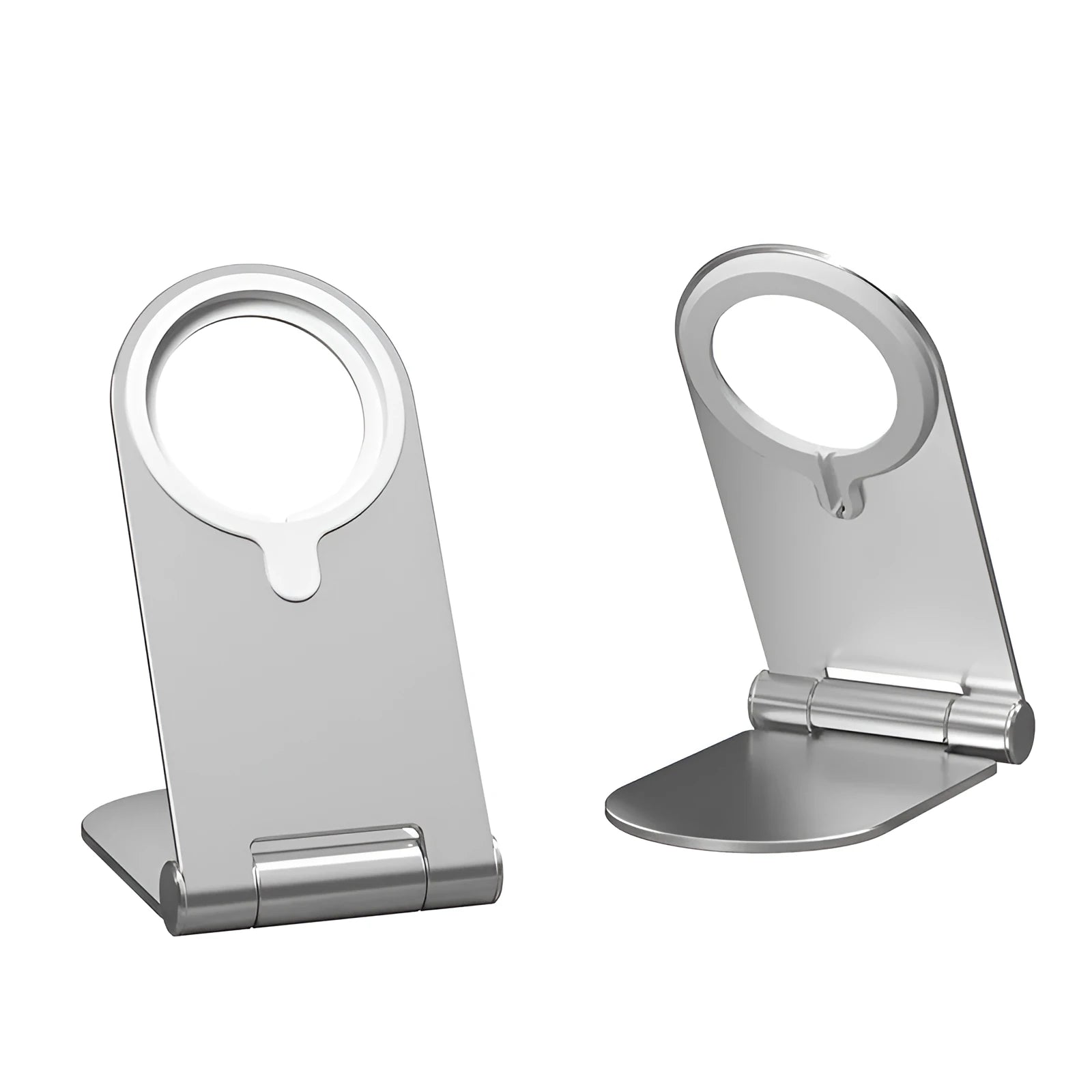 Silver vertical adjustable magnetic phone bracket for iPhone 12 on a flat surface.