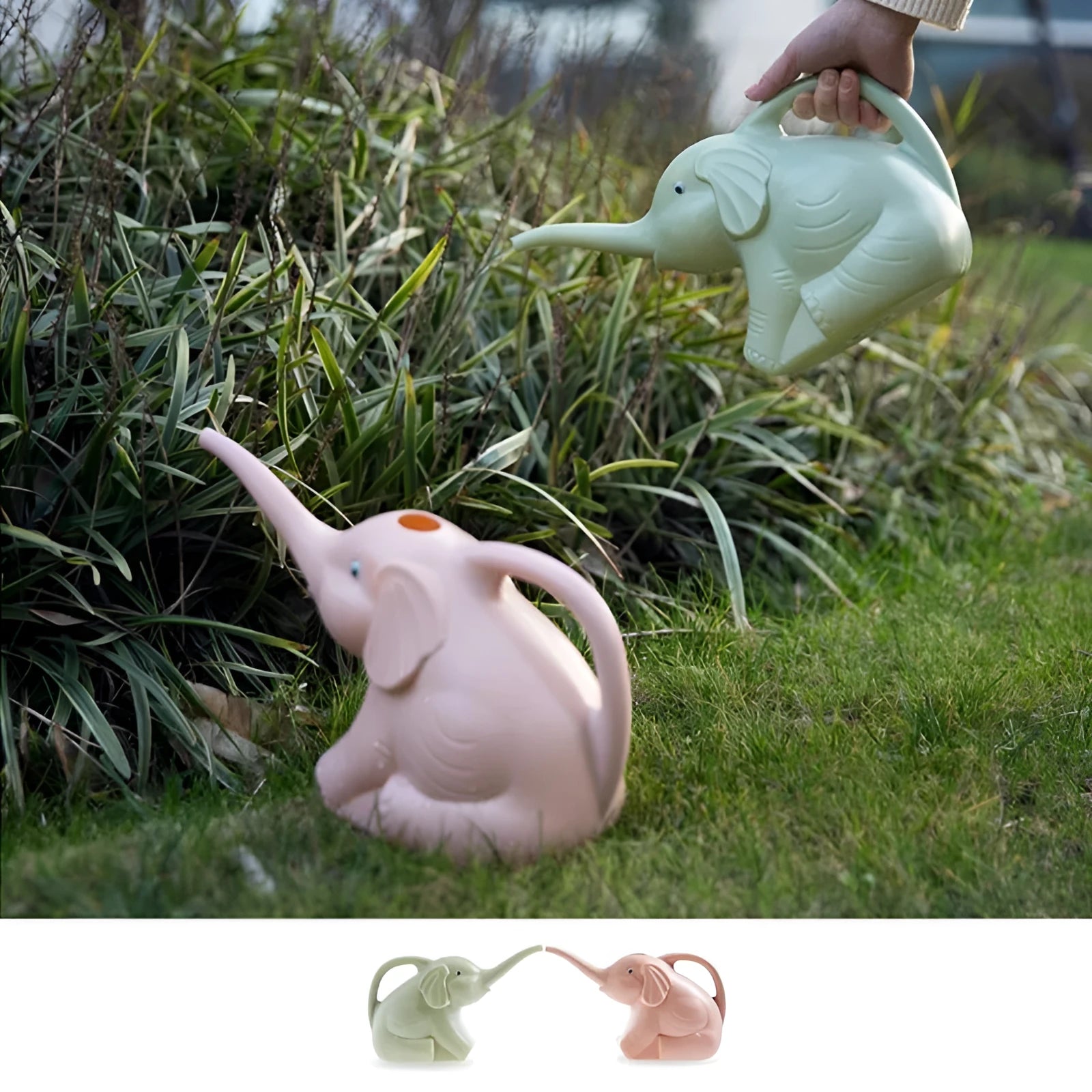 Pink elephant-shaped children's watering can with a long nozzle and bottle-style handle.